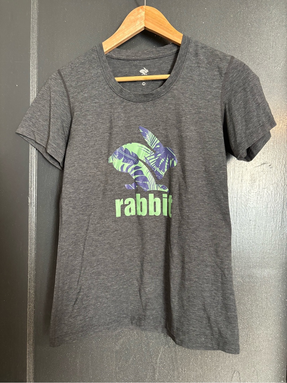 Rabbit women’s Tee - Dark Gray with leaf patterned logo
